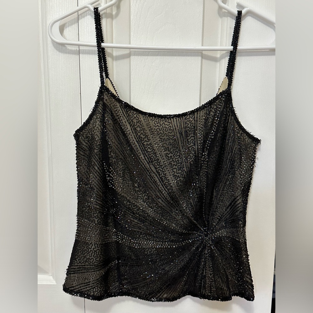 Papell Boutique Evening, Beaded Silk Top, Nude Lining, Back Zip, Size S